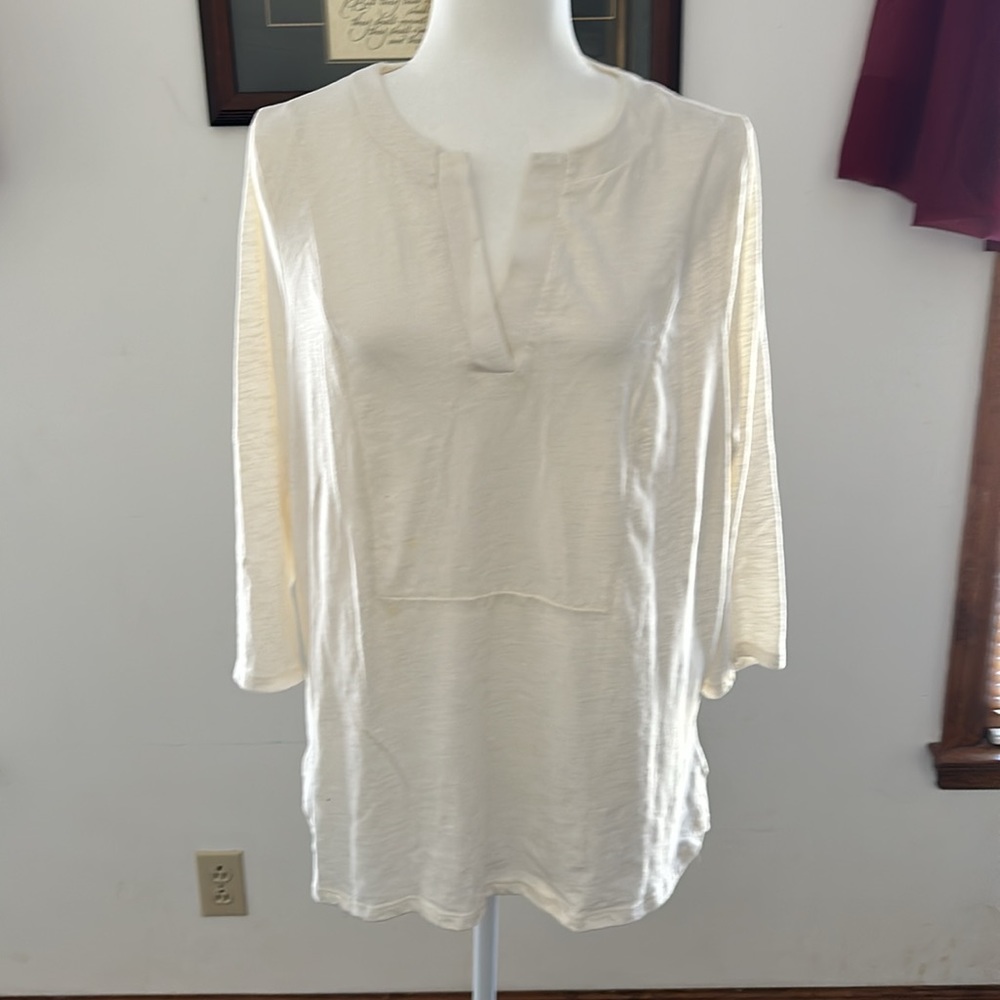 Lane Bryant Womens Cream Sheer Cotton Pullover 3/4 sleeve blouse. Size 18/20